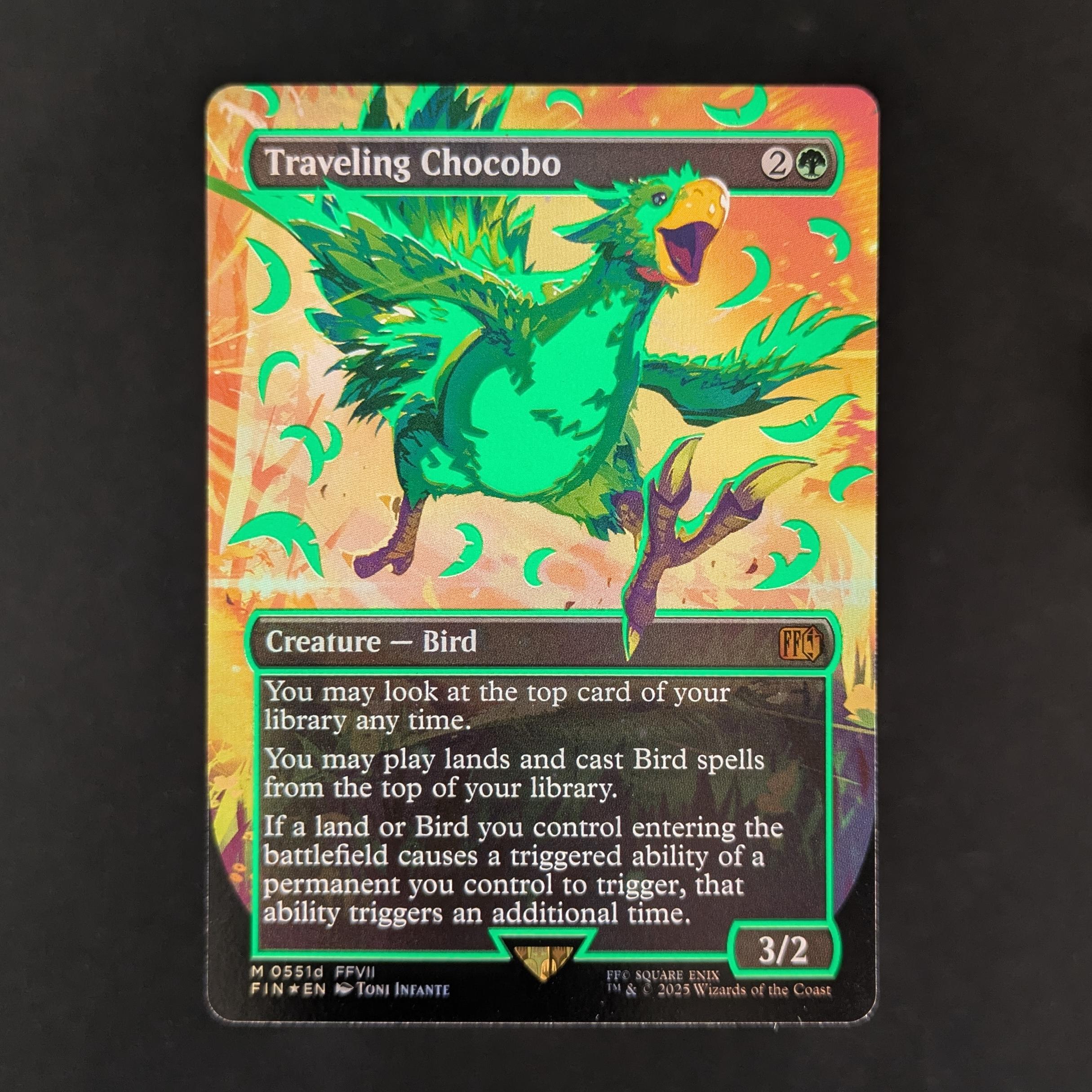 [FOIL] Traveling Chocobo (Borderless) (Neon Ink Green) - FINAL FANTASY: Extras - English - NM - Extended Art Slab